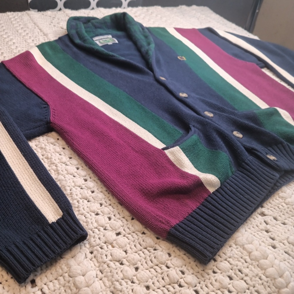 SIEGFRIED Vtg XL Color Block Striped Knit Button Shawl Varsity Crest Sweater - Picture 3 of 12